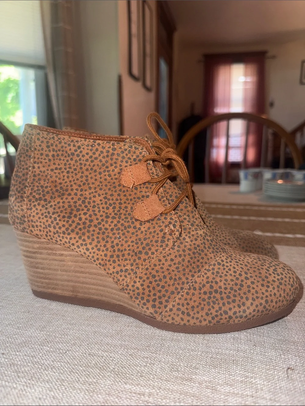 TOMS Women’s Leopard Print Wedge Ankle Boots Lace Up Animal Print Booties